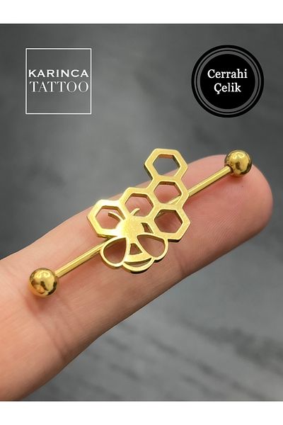 Karınca Piercing Gold Color Bee Honeycomb Patterned Ear Industrial Bridge Piercing (Ant Tattoo)