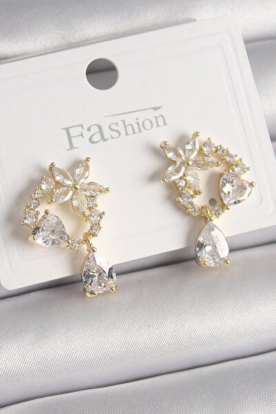 Clariss Brass Gold Color Zircon Stone Flower Model Dangle Drop Detail Women's Earrings - Tj-Bkp9911