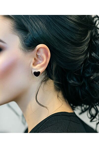 MR Siyah Kadife Mini Kalp Model Küpe