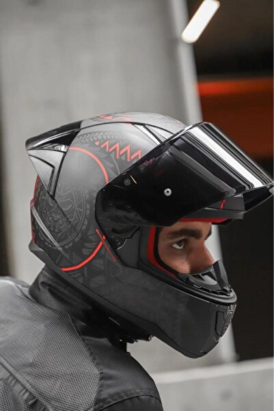 LS2 Rapid Takaroa Mat Siyah-kırmızı Kask Siyah Vizörlü Race Siperlikli