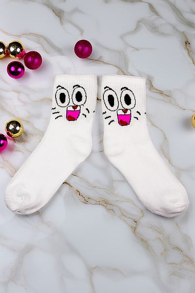 Tozlu Yaka Women's Cat Patterned College Sports Socks - 1 Pair White