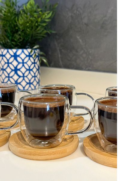 Janset طقم فناجين قهوة تركية زجاجية مكونة من 6 قطع مع طبق من الخيزران