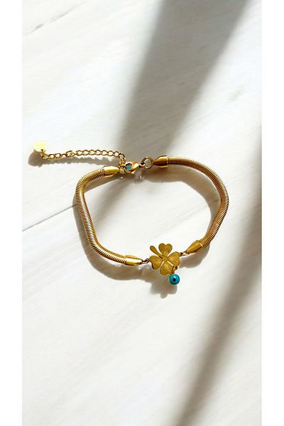 karikatürstore Premium Stainless Colorfast Steel Bracelet with 4 Leaf Clover and Evil Eye Beads