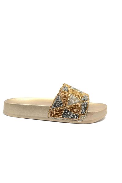Kocamanlar Ayakkabı Pienn 20031-005 - Beaded Gold Slippers for Young Girls and Women