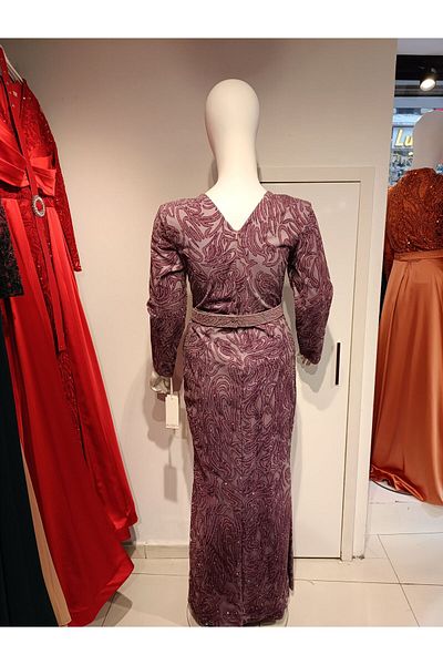 Robes Women's V Neck Silvery Flock Printed Long Sleeve Evening Dress with Belt