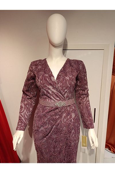 Robes Women's V Neck Silvery Flock Printed Long Sleeve Evening Dress with Belt