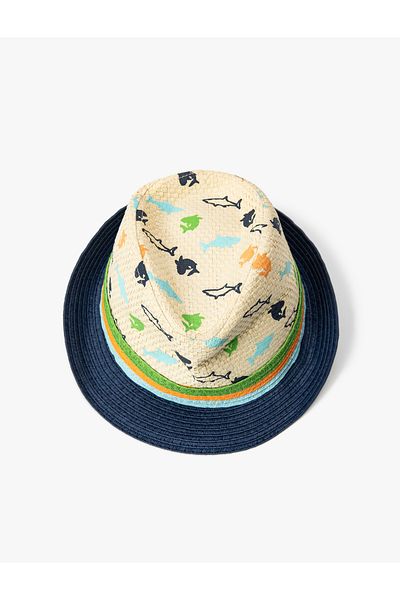 Koton Straw Fedora Hat - Palm Tree Pattern and Tape Detail
