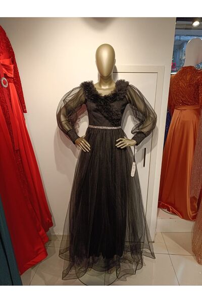 Robes Kadın V Yaka Simli Tül Fırfır Detaylı Taş Baskı Kemerli Şık Elbise