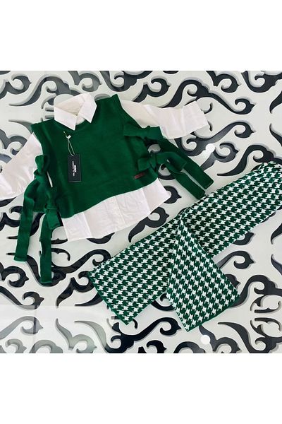 Hilal Akıncı Kids Markasensinkids Girls - White Knitwear Pullover, Shirt and Houndstooth Model Trousers 3-Piece Set