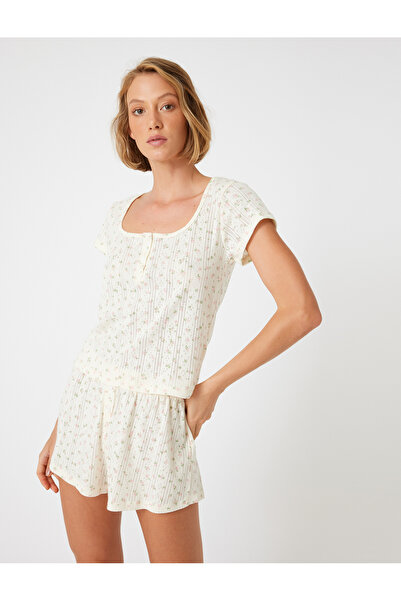 Koton Cotton U-Neck Floral Print Short Sleeve Pajama Top