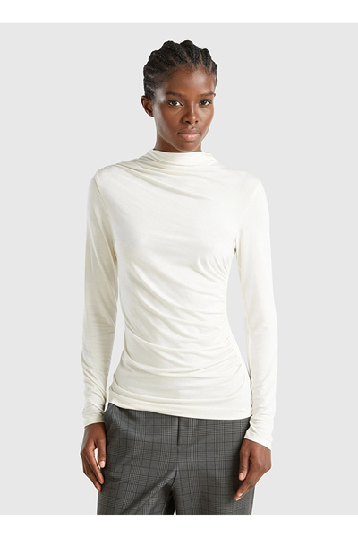 Benetton Half Turtleneck Cream Women's Sweatshirt 32Avd108J