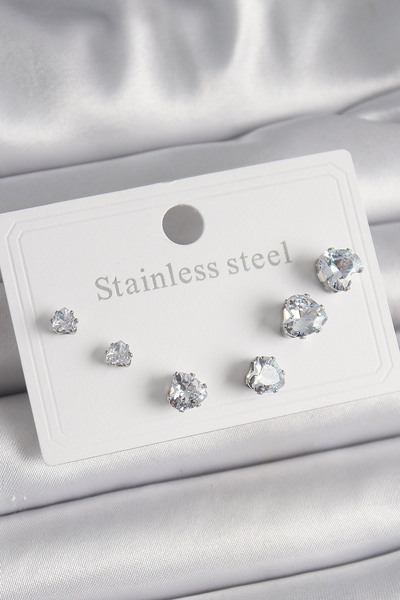 Skygo طقم أقراط نسائية من الفولاذ الفضي اللون 316L بحجر الزركون على شكل قلب -...