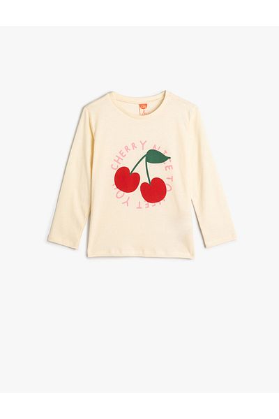 Koton T-Shirt Long Sleeve Cherry Printed Crew Neck Cotton