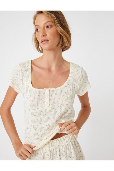 Koton Blumen-Pyjama-Oberteil, kurzärmelig, geknöpfter U-Ausschnitt, Baumwolle