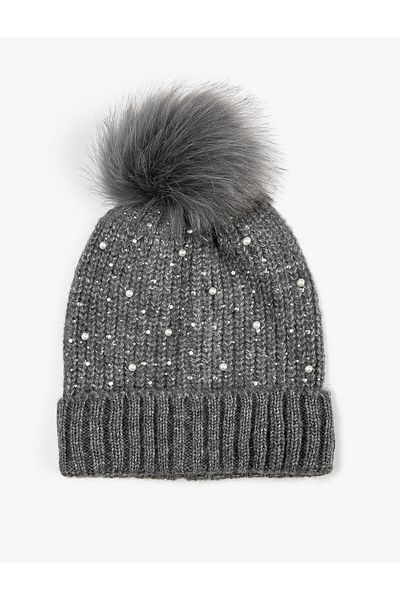 Koton Knitwear Beret Faux Fur Pompom Detailed Beaded Embroidered