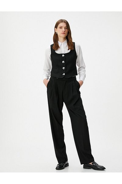 Koton Tweed Vest Buttoned Square Collar with Pockets