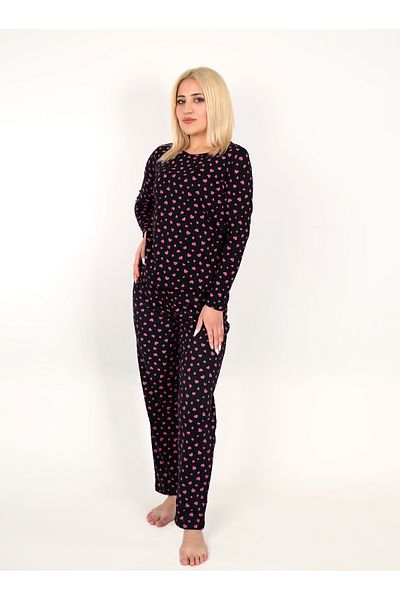 Mythologie Set de pijamale din bumbac cu modele de inimi multiple - negru cu mânecă lungă și gât larg