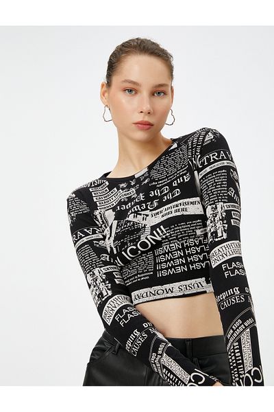 Koton Tricou cu mânecă lungă cu imprimeu din bumbac cu gât rotund