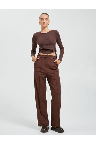 Koton Ribbed Wide Leg Trousers Fabric - Buttoned
