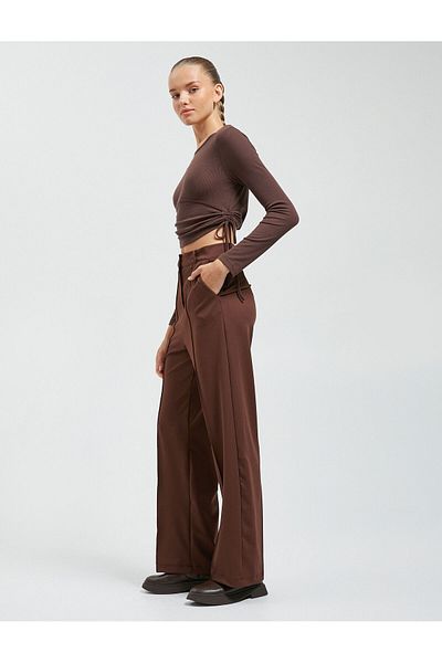 Koton Ribbed Wide Leg Trousers Fabric - Buttoned