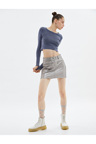 Koton Stone Crop T-Shirt μακρυμάνικο Crew Neck Camisole Washed