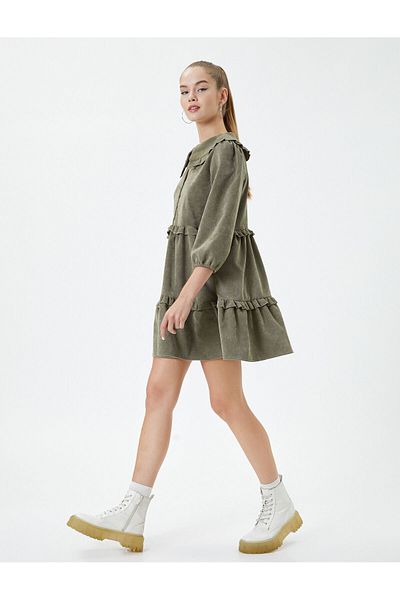 Koton Cord Minikleid 3/5 Ärmel Baby Kragen Rüschen Detail Lagenlook