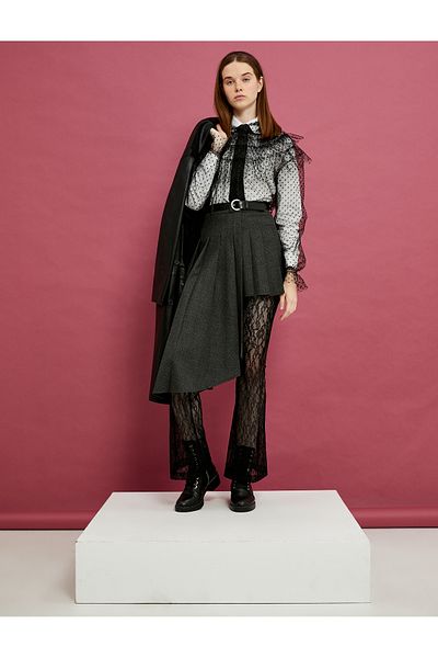 Koton Pleated Asymmetrical Cut Mini Skirt with Belt Detail