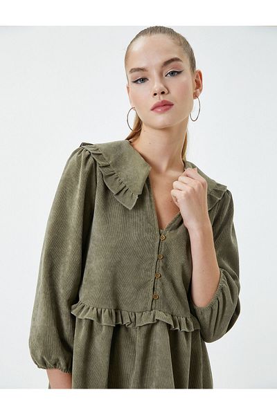 Koton Cord Minikleid 3/5 Ärmel Baby Kragen Rüschen Detail Lagenlook