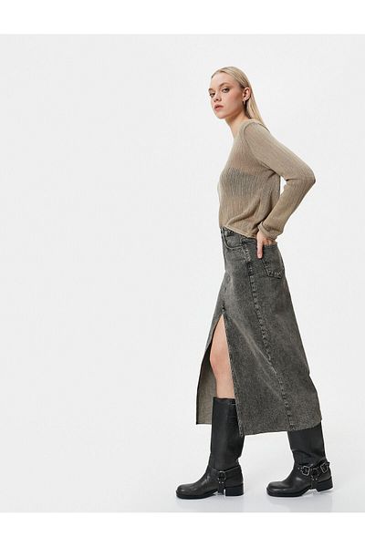 Koton High Waist Long Denim Skirt - Comfortable Fit with Front Slit and Pockets