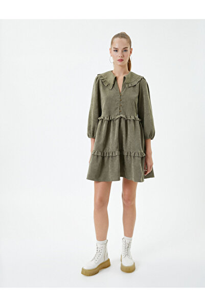 Koton Rochie mini din velur cu mâneci 3/5 guler pentru bebeluși Volană detaliată în straturi