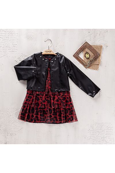 Elayza Faux Leather Jacket and Crystal Rhinestones Pea Tulle Evening Dress for Girls 2352