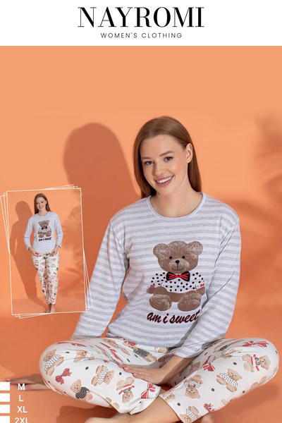 Nayromi Kadın Uzun Kollu Ayıcık ve Yazı Baskılı Pijama Takımı