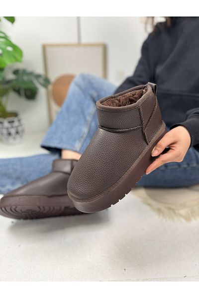 İmerShoes Γυναικείες μίνι δερμάτινες μπότες casual - Καφέ στάμπα, ψηλή σόλα, γούνα στο εσωτερικό, άνετα και ελαφριά κοντά μποτάκια 800-u