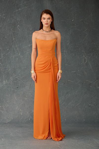 Carmen Orange Strapless Slit Chiffon Evening Dress