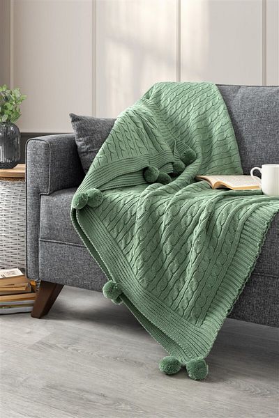 Sevim Pătură TV cu pompon verde mentă - șal pentru umeri - 130x170 cm