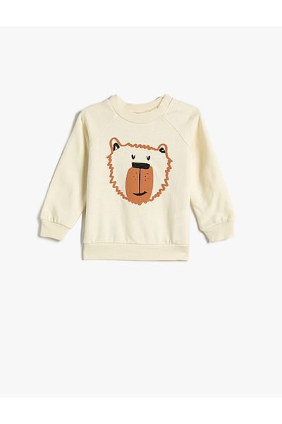 Koton Teddy Bear Printed Sweatshirt Rose Gold Long Sleeve Crew Neck Cotton
