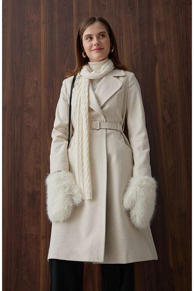 Fatma Atasoy Ecru Coat with Cup Coating and Belt