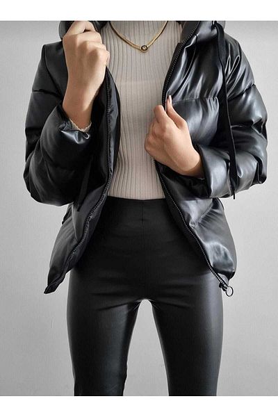 PERÇEM Puffer-Ledermantel für Damen mit Kapuze