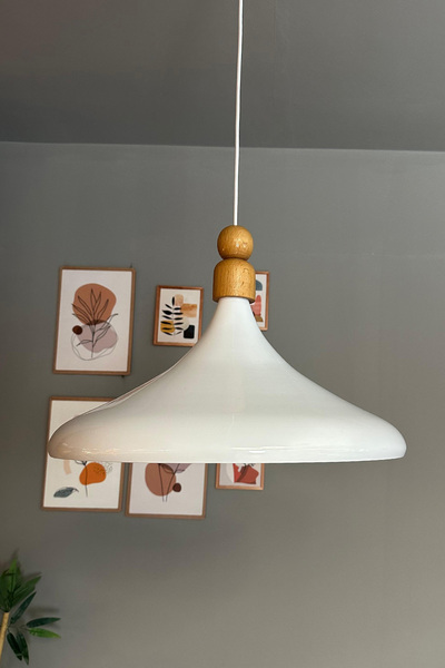 Bamyum 45 Cm Çap Champion XL Beyaz Kalın Ahşap Boncuk Avize Tekli Sarkıt Lamb...