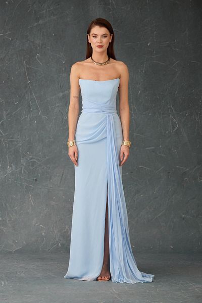 Carmen Rochie de seara din sifon, albastru, fara bretele