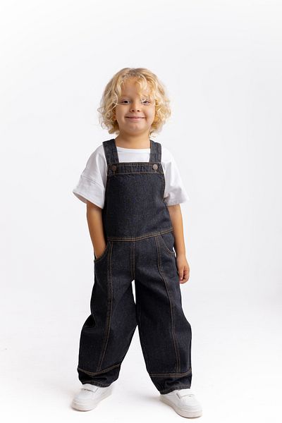 Oliven The Kid Black Unisex Long Leg Denim Salopet - Side Pocket