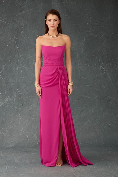 Carmen Rochie de seara din sifon fara bretele fucsia
