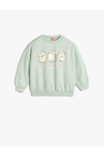 Koton Sweatshirt Kedi Baskı Detaylı Uzun Kollu Bisiklet Yaka Şardonlu Pamuklu