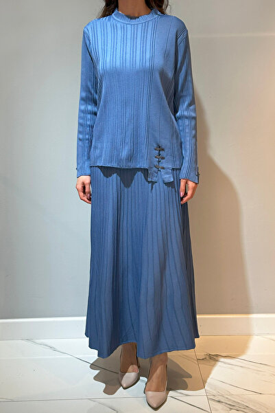 REMSA Ribbed Knitwear Skirt Set - Accessory Detailed, Indigo 35038
