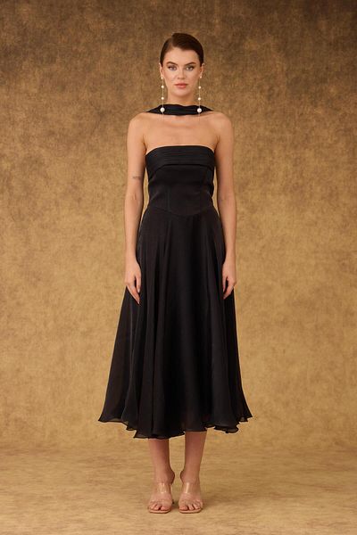 Carmen Black Strapless Satin Evening Dress with Shawl