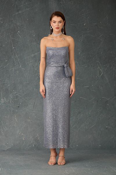 Carmen Indigo Strapless Midi Sequined Evening Dress
