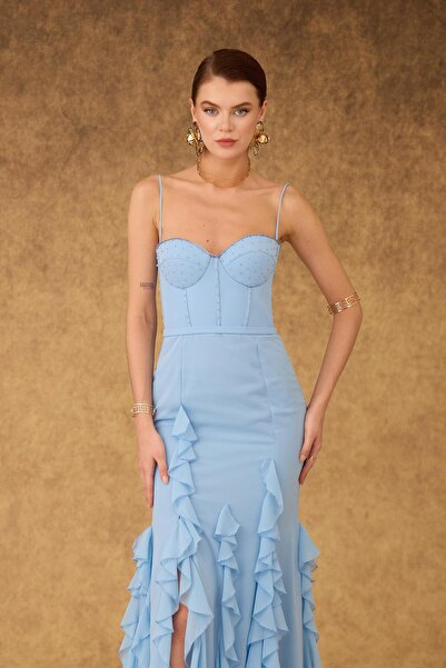 Carmen Bebe Mavi Volanlı Yırtmaçlı Şifon Abiye Elbise