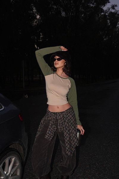 Köstebek Χακί Raglan Μανίκια Καφέ Basic Μακρυμάνικο Crop