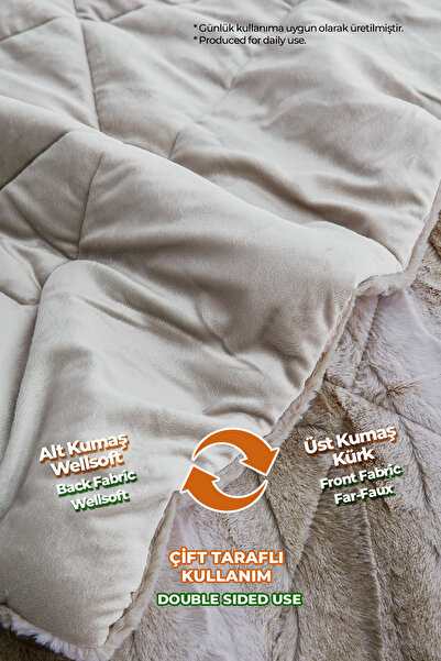 Evlen Home Collection Mdre Double Fur Quilt Filled Plush Soft Wellsoft Bedspread 3 Piece Set Beige