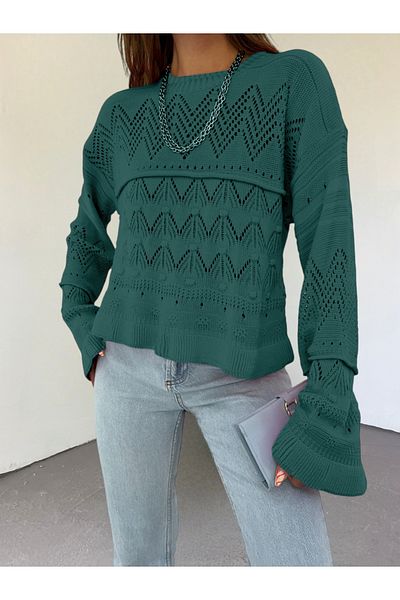 Modamorfo Long Sleeve Openwork Knitwear Sweater - Emerald